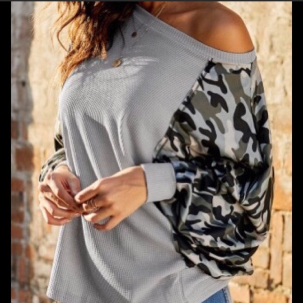 NEW Camo & Grey Off Shoulder LongSleeve Top